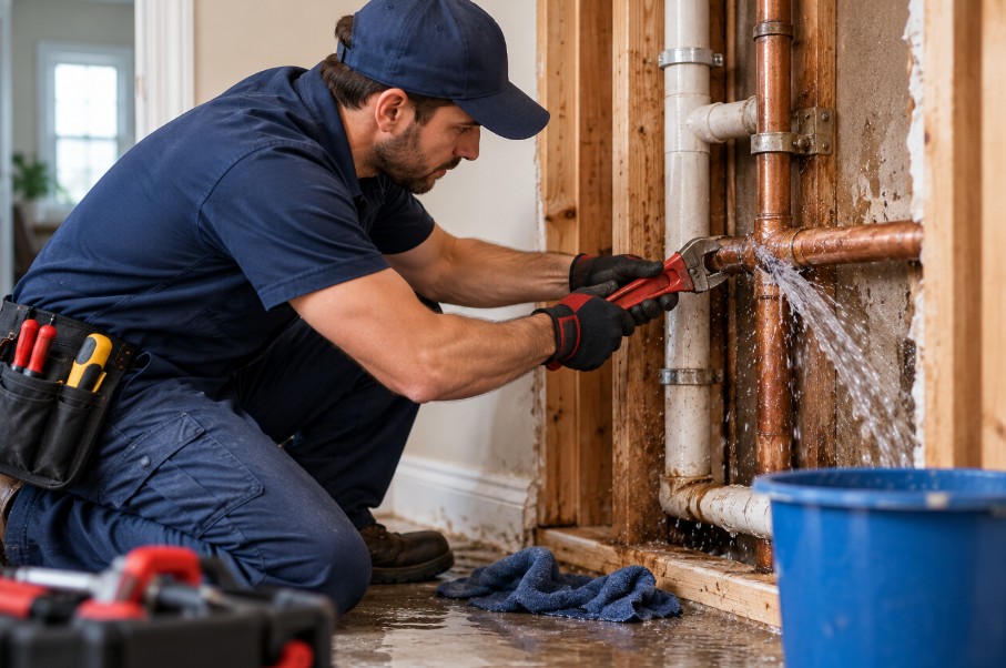 Plumber repairing a burst pipe in a Greensboro, NC home