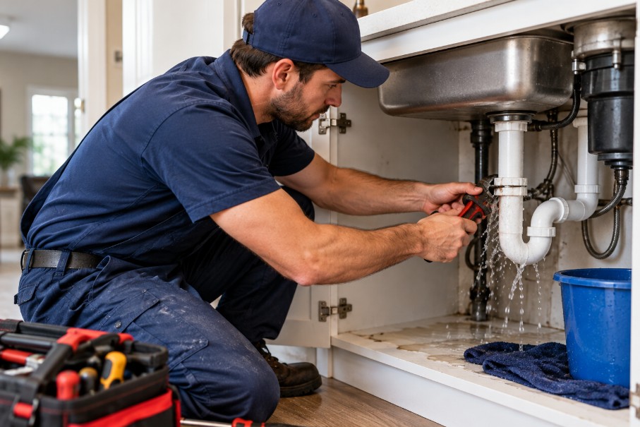 Plumber repairing a leaking sink pipe in a Greensboro, NC home