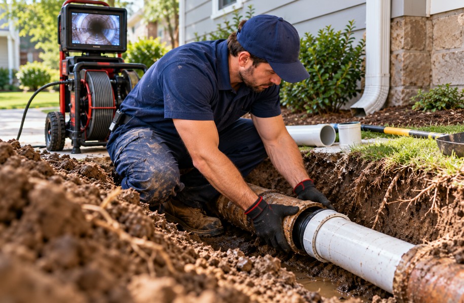 Plumber repairing a sewer line in a Greensboro