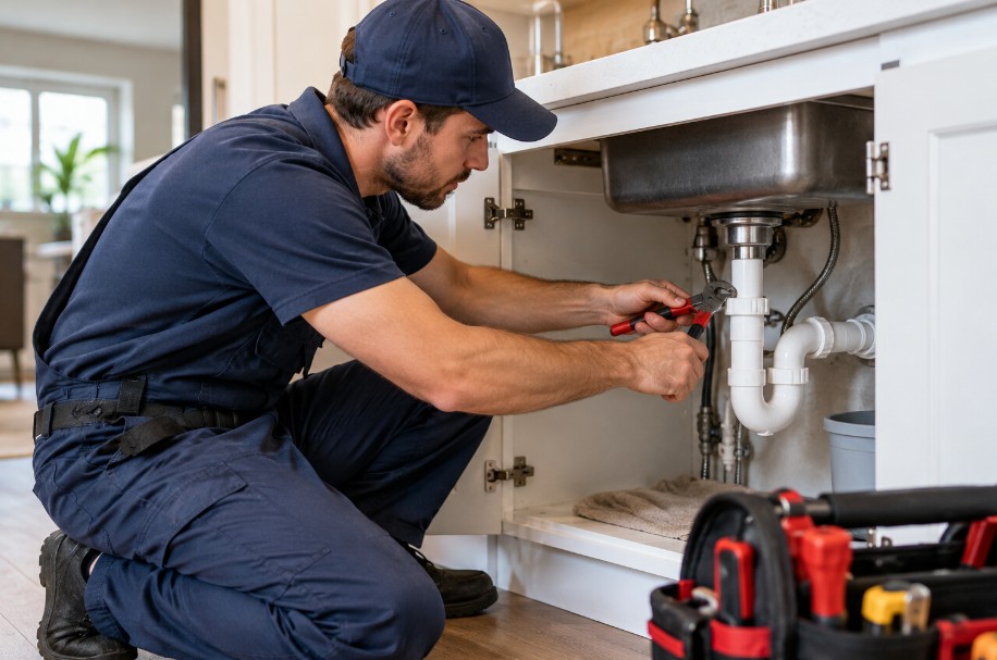 Plumber repairing a sink drain inside a Greensboro home
