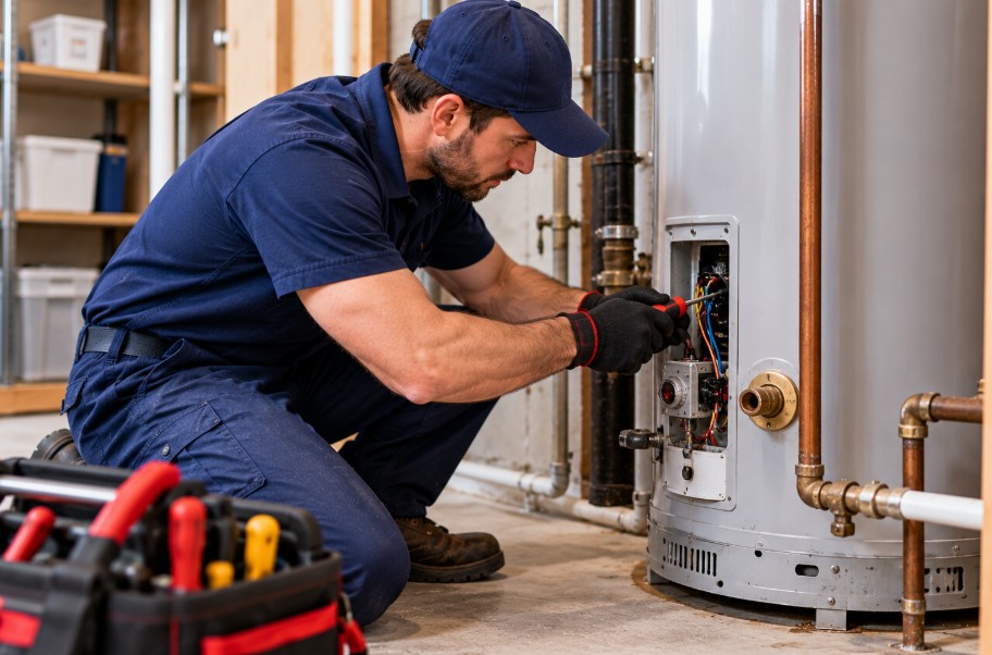 Plumber repairing a water heater in a Greensboro