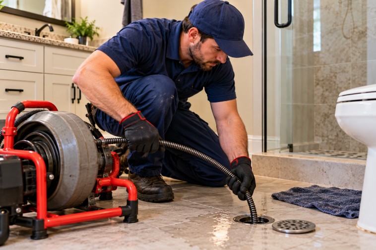 Plumber using a drain auger to clean a floor drain in a Greensboro